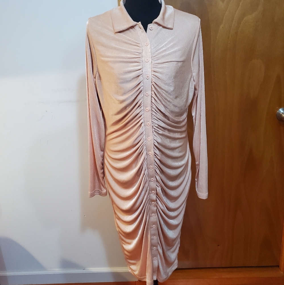 Forever 21 Plus size ruched pink long sleeve midi shirtdress size 0X New